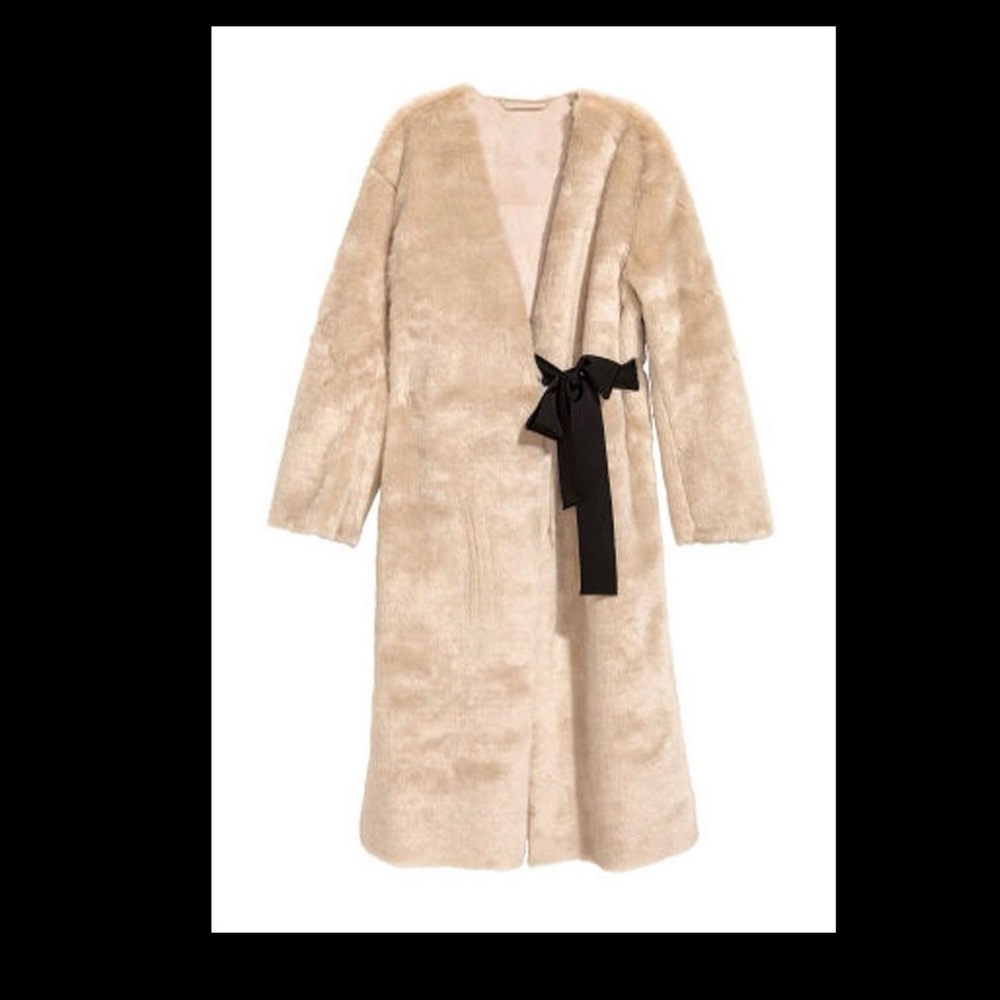 H&M Cream Teddy Coat with Black Tie